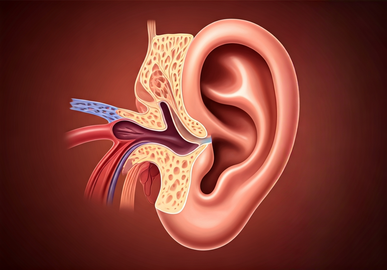 A professional medical illustration of the human ear anatomy, cross-section view showing the external auditory canal and middle ear structures, clean modern clinical background, soft natural lighting, high resolution, 85mm lens, no text, no letters