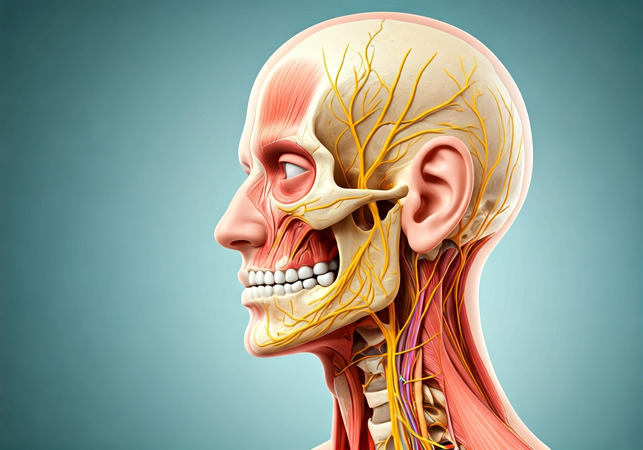 A professional medical visualization showing a human anatomical model highlighting the interconnectedness of the jaw, cervical spine, and ear nerve pathways, soft natural light, clean clinic aesthetic, 85mm lens, depth of field, no text, no words, no letters