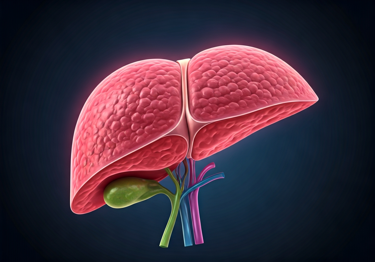 A scientific cross-section illustration of liver cells showing the molecular transformation of toxins, clean laboratory aesthetic, soft focus, high-tech medical visualization, 85mm lens, no text, no words, no letters