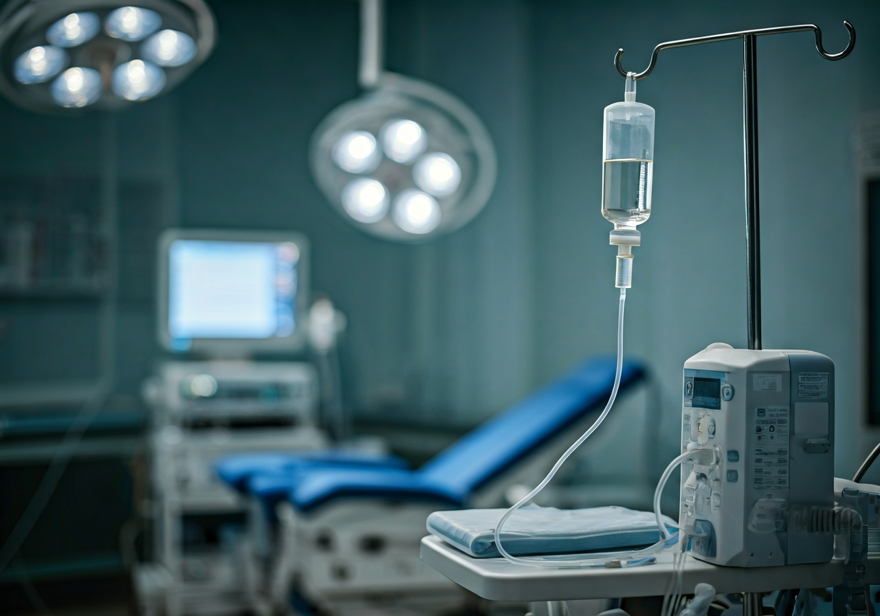 A professional medical clinical setting with high-end diagnostic equipment, sterile and clean environment, soft clinical lighting, focus on a heart rate monitor and IV drip, shallow depth of field, 85mm lens, photorealistic, no text, no words, no letters