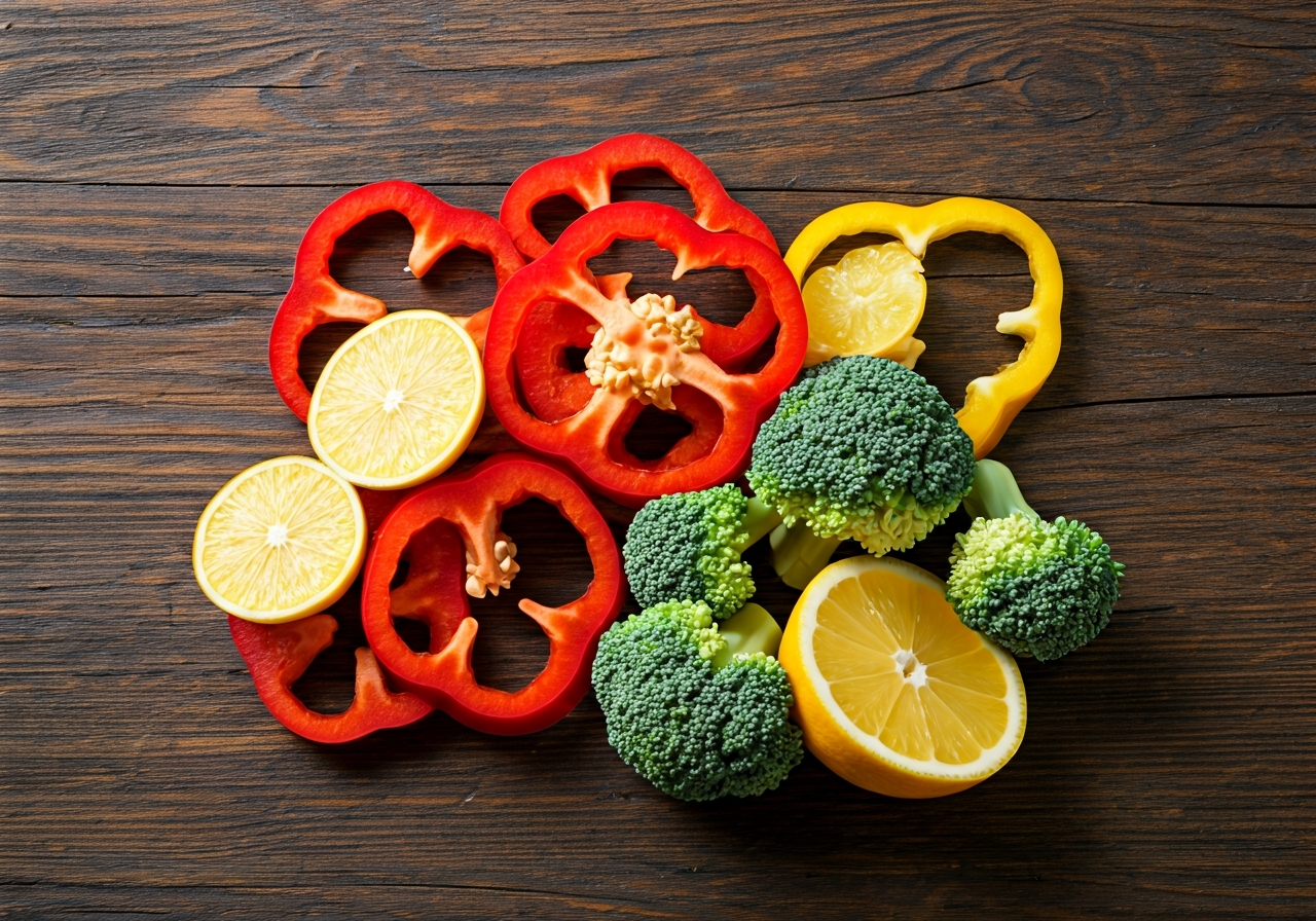 Vitamin C: Jak ho brát správně? (Kompletní návod 2026) 3 A vibrant assortment of colorful organic vegetables and fruits including sliced red bell peppers, broccoli florets, and citrus segments arranged on a rustic wooden table, top-down view, editorial photography, soft natural light, 85mm lens, high resolution, no text, no words, no letters.