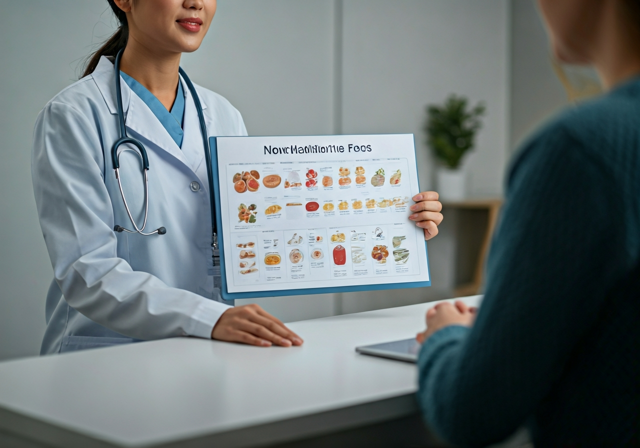 A professional medical assessment scene in a modern wellness clinic, a nutritionist showing a heart-healthy food chart to a patient, clean aesthetic, soft natural light, 85mm lens, depth of field, premium editorial style, no text, no words, no letters