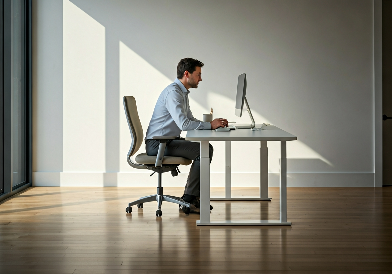 A professional sitting at a minimalist standing desk in a bright, modern home office, side profile, soft morning sunlight, editorial photography style, 85mm lens, high quality, no text, no letters.