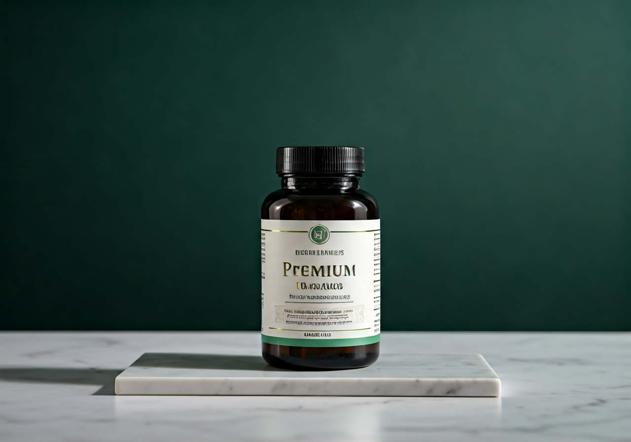 A professional, modern clinical setting featuring a premium supplement bottle on a clean marble surface, soft natural light, shallow depth of field, editorial photography style, 85mm lens, high resolution, no text, no letters