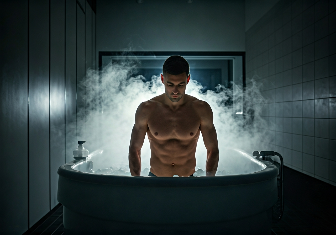 A professional athlete standing in an ice bath in a modern, minimalist recovery center, steam rising, aesthetic editorial photography, soft clinical natural light, 85mm lens, sharp focus on skin texture, no text, no words, no letters