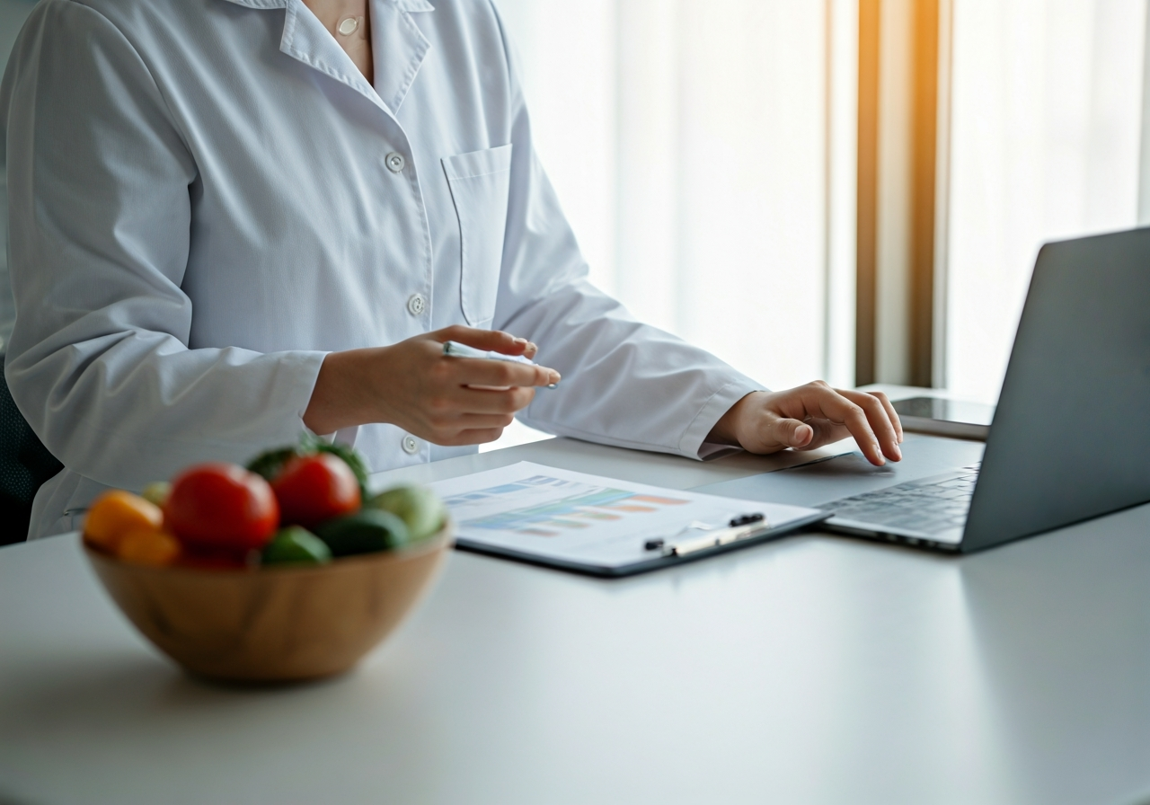A professional nutritionist explaining a caloric balance chart on a clean, modern desk with a bowl of fresh vegetables and a notebook, bright minimalist office environment, editorial photography, soft natural light, 85mm lens, highly detailed, no text, no letters