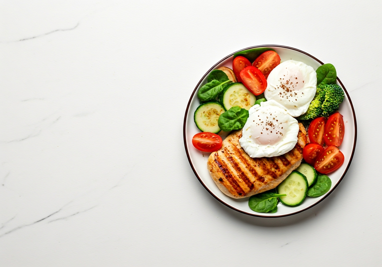 Flat lay of a balanced meal featuring grilled lean chicken breast, organic poached eggs, and colorful fresh vegetables on a white marble surface, editorial photography, soft natural light, 85mm lens, minimalist aesthetic, no text, no letters
