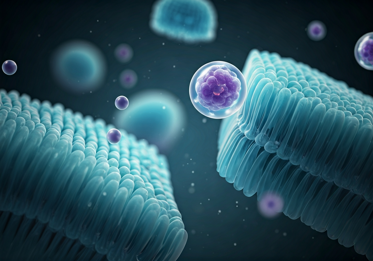 Nedostatek cholesterolu: 7 příznaků (Rychlý přehled) 2 A microscopic view of cell membranes interacting with lipid molecules, clean laboratory aesthetic, professional science photography, soft clinical lighting, macro lens, hyper-realistic, no text, no words, no letters