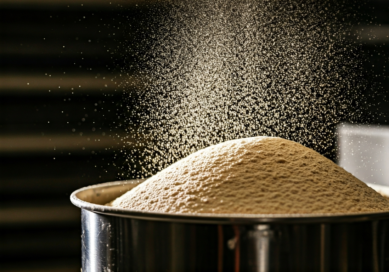 Vitamin C v mouce: Mýtus, nebo fakt? (Pravda) 2 A macro close-up of high-quality wheat flour being sifted in a modern industrial bakery, fine particles suspended in air, soft natural light, premium editorial photography, 85mm lens, minimalist background, no text, no words, no letters.