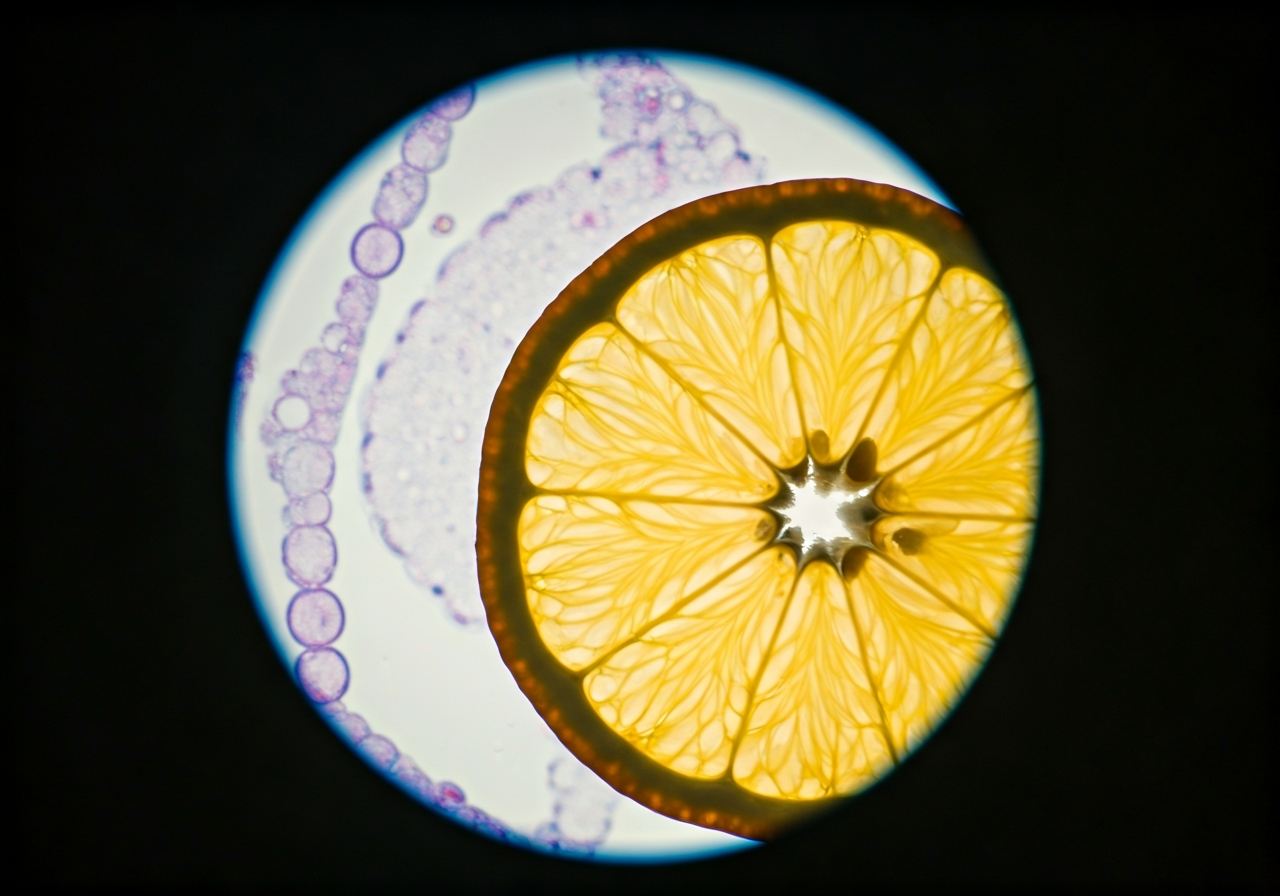 Vitamin C v mouce: Mýtus, nebo fakt? (Pravda) 3 A microscopic view of cellular structures combined with fresh citrus slices, clinical laboratory setting, aesthetic editorial photography, soft natural light, 85mm lens, depth of field, no text, no words, no letters.