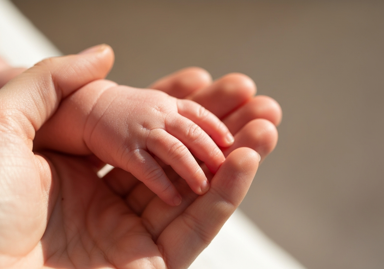 A macro shot of a newborn baby's hand resting gently on a mother's hand, natural sunlight, soft focus background, editorial photography style, high contrast in skin texture, warm and peaceful atmosphere, 85mm lens, no text, no words