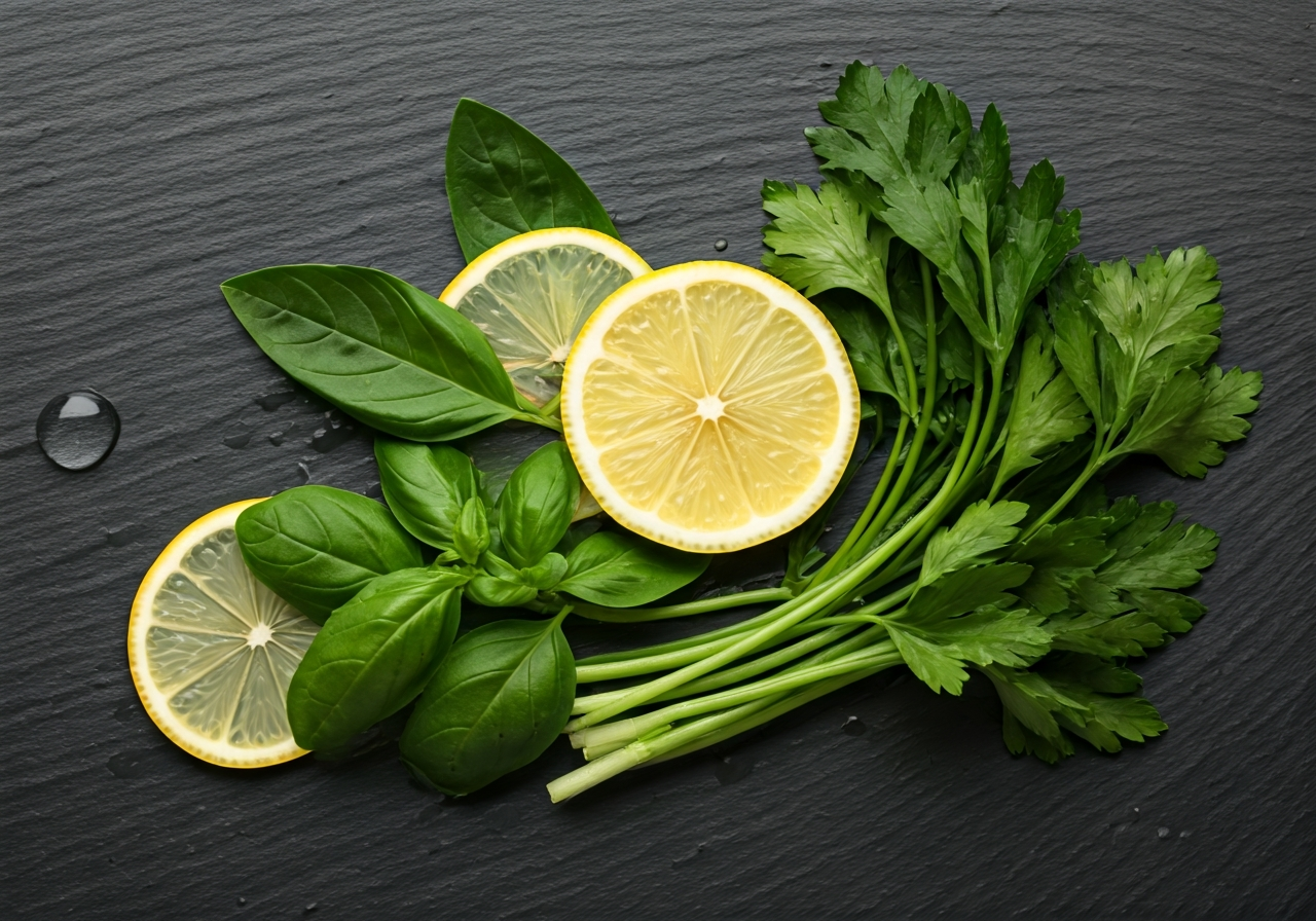 Bylinný čaj pro detox: Očista těla za 7 dní (Návod) 2 A professional medical aesthetic showing a close-up of fresh green herbs, lemon slices, and clear water droplets on a slate background, clean and minimalist, editorial photography, high resolution, soft natural lighting, 85mm lens, no text, no letters
