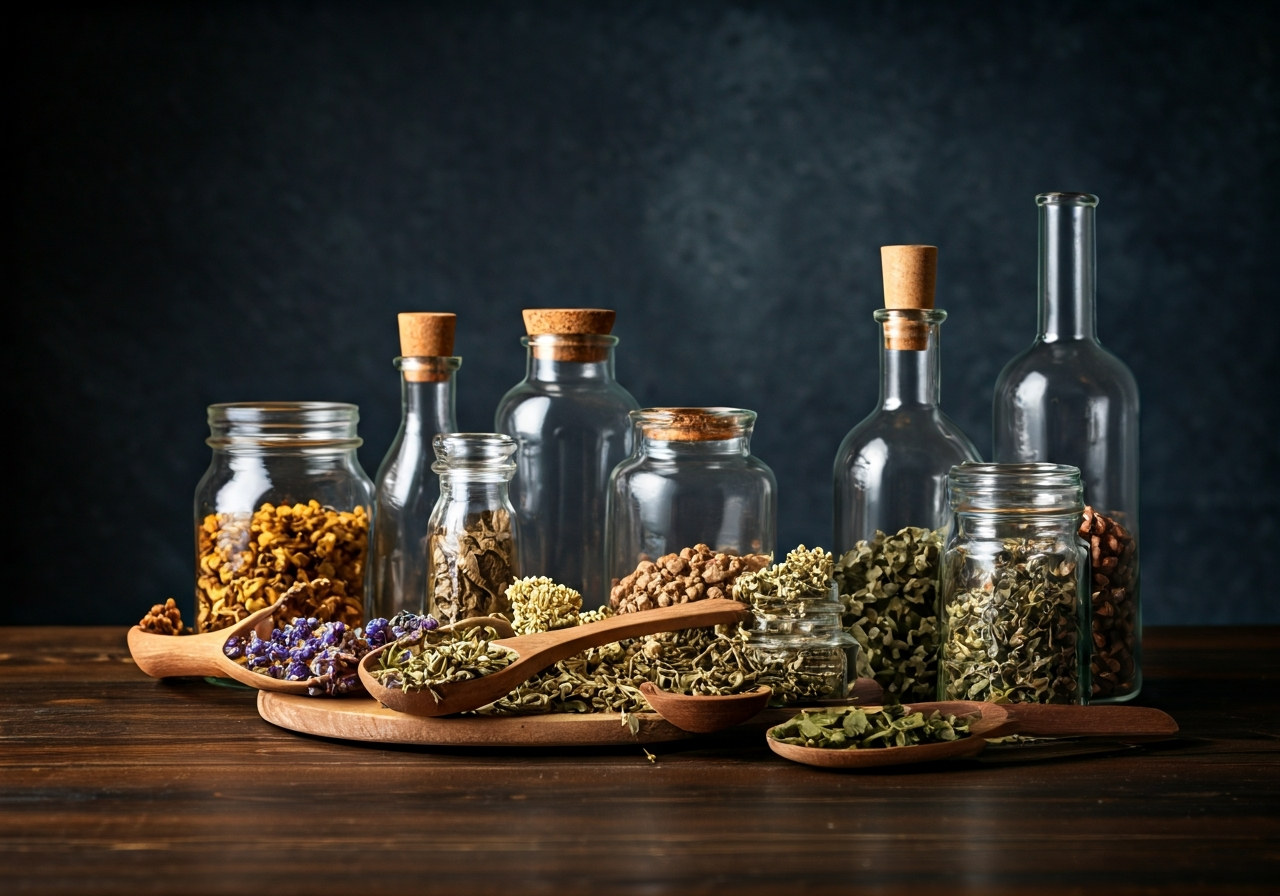 Bylinný čaj pro detox: Očista těla za 7 dní (Návod) 3 A professional apothecary table with various dried organic herbs, wooden spoons, and glass jars, clean modern aesthetic, editorial photography, soft natural light, 85mm lens, highly detailed, no text, no letters