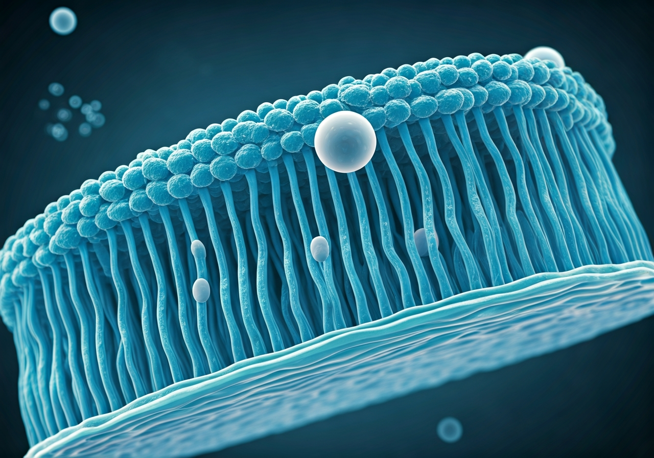A scientific cross-section illustration of a healthy cell membrane with lipid structures, clean laboratory aesthetic, soft diffused lighting, 85mm lens, high resolution, no text, no words, no letters