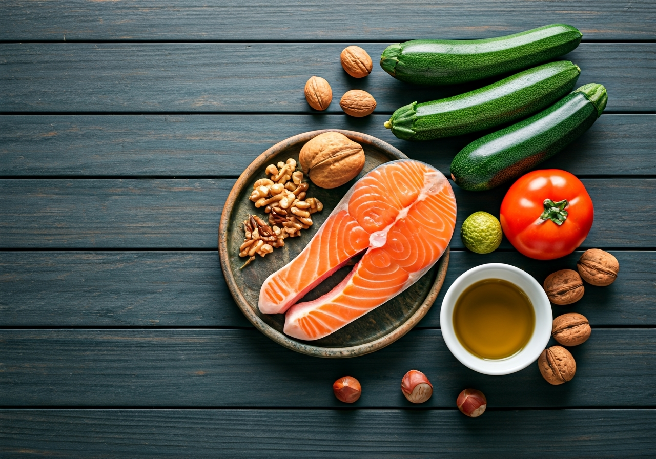 Flat lay of Mediterranean diet ingredients including fresh vegetables, olive oil, nuts, and salmon on a rustic wooden table, soft natural light, editorial photography, 85mm lens, high resolution, minimalist aesthetic, no text, no words.