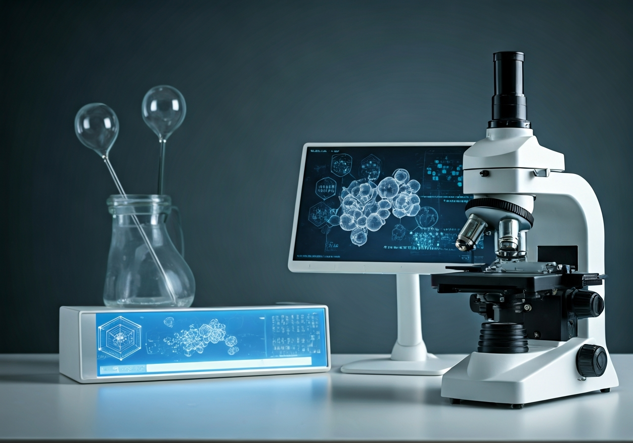 Aktivní imunita: Opravdu ji lze snadno posílit? (Fakta) 3 A professional medical laboratory setting with a high-end microscope and a digital screen showing molecular structures, modern and clean aesthetic, soft natural light, 85mm lens, depth of field, premium quality, no text, no letters.