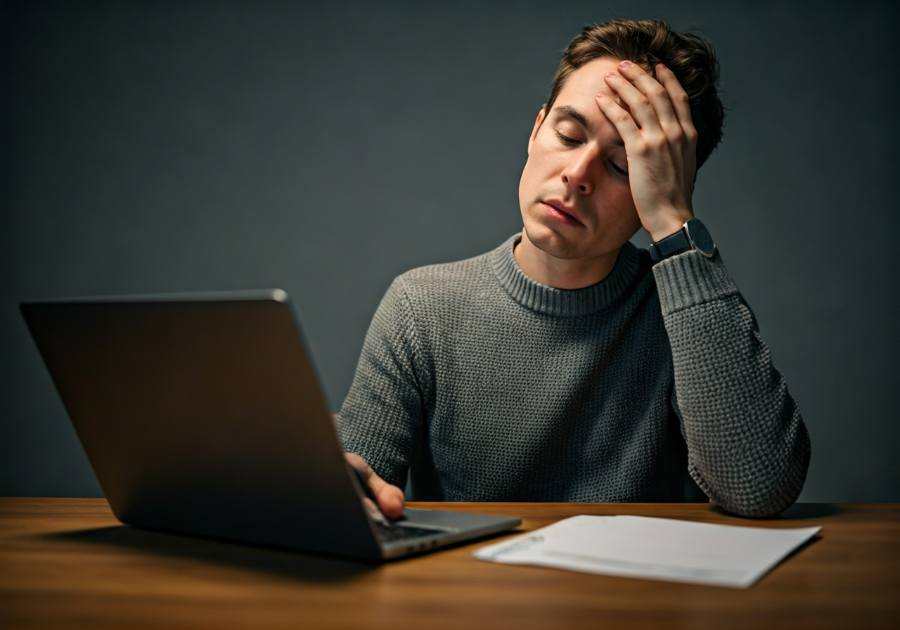A person sitting at a desk looking exhausted with a hand on their forehead, modern minimalist office, soft natural light, editorial photography, 85mm lens, high quality, no text, no letters