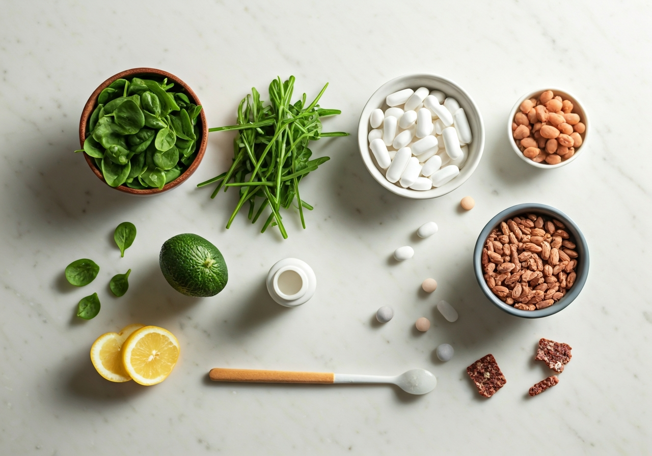 Flat lay of clinical supplements next to fresh whole organic foods on a clean marble countertop, professional editorial photography, soft natural morning light, 85mm lens, minimalist aesthetic, no text, no words