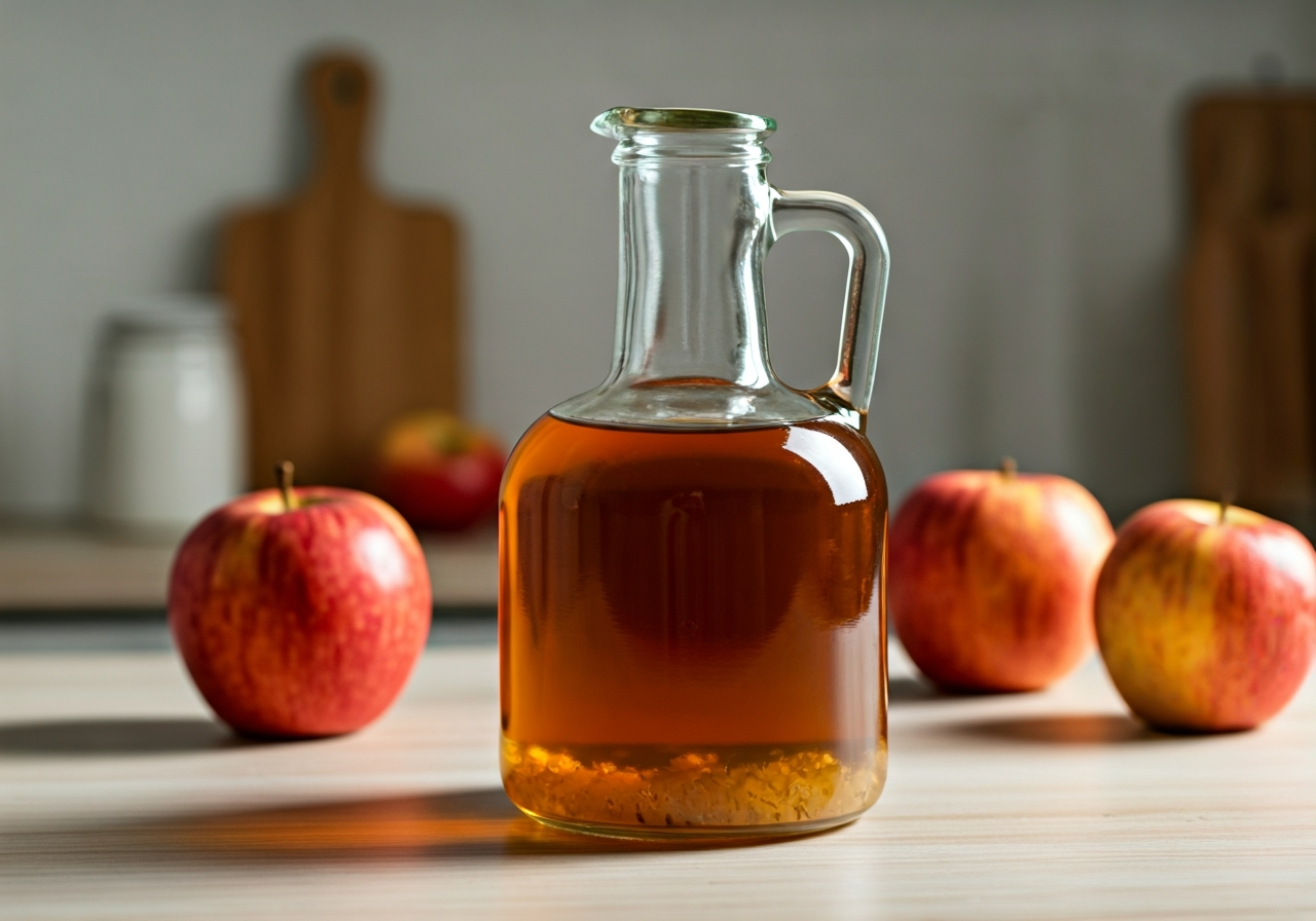 Jablečný ocet: 10 účinků, které pocítíte ihned (Návod) 2 A rustic glass jar filled with amber-colored raw apple cider vinegar containing the visible cloudy sediment known as the mother, resting on a clean wooden table next to fresh organic apples, bright minimalist kitchen background, soft natural sunlight, editorial photography style, 85mm lens, no text, no letters