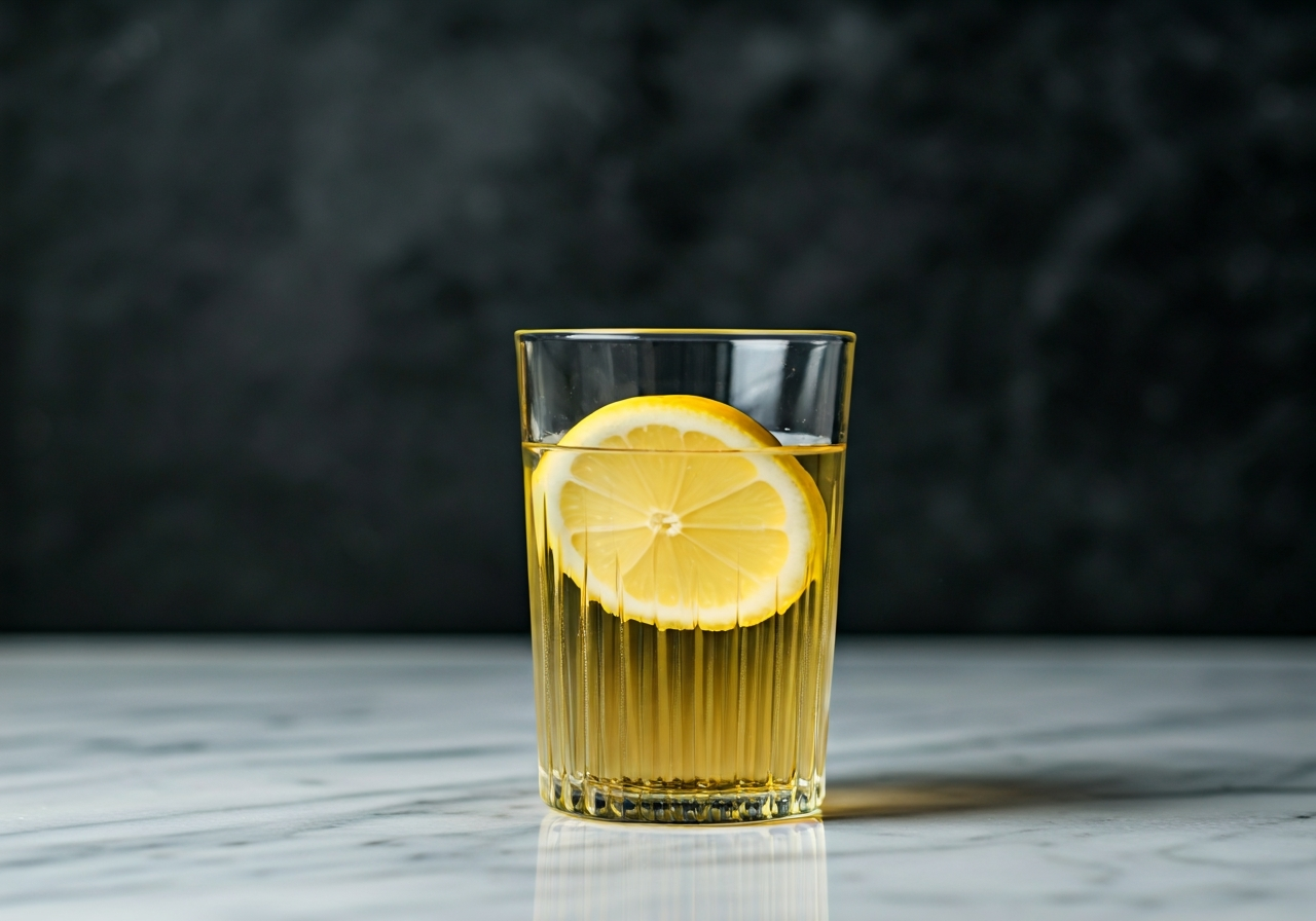 Jablečný ocet: 10 účinků, které pocítíte ihned (Návod) 3 Editorial photography, a glass of water with diluted apple cider vinegar and a slice of lemon on a marble countertop, rustic kitchen background, soft natural light, 85mm lens, high resolution, no text, no letters