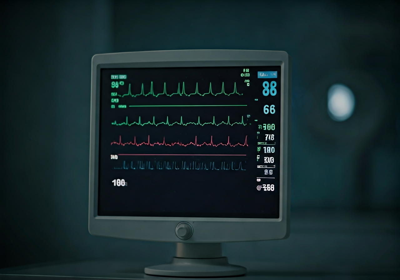A professional medical monitoring screen showing vital signs in a clean, modern clinical environment, focus on healthcare technology, soft natural light, 85mm lens, depth of field, premium editorial style, no text, no words, no letters