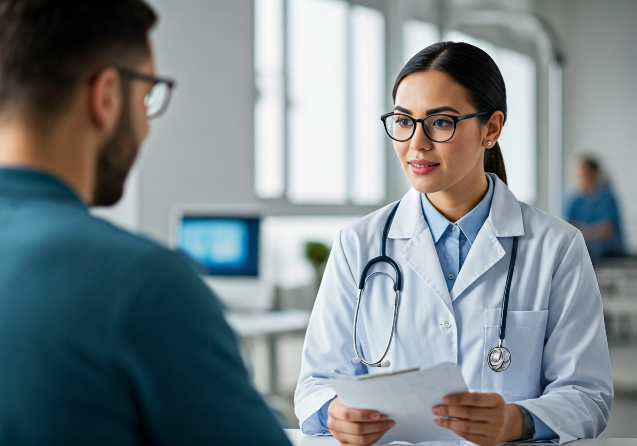 A professional medical setting in a modern rehabilitation center, a patient talking to a nutritionist in a clean bright room, soft natural light, editorial photography, 85mm lens, depth of field, no text, no words, no letters