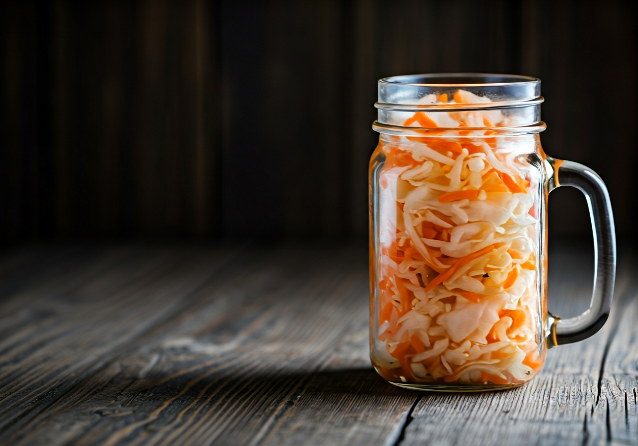 Close-up editorial shot of a glass mason jar filled with colorful fermented vegetables like carrots and cabbage, resting on a rustic wooden table, soft natural sunlight filtering through, 85mm lens, depth of field, premium look, no text, no letters