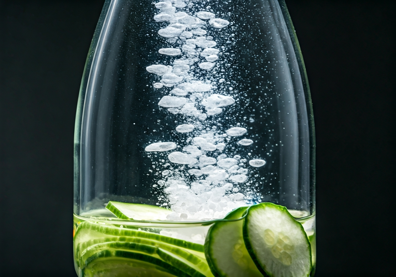 A macro shot of salt crystals dissolving in a glass jar of water with submerged sliced vegetables, soft natural light, shallow depth of field, premium editorial kitchen aesthetic, 85mm lens, no text, no letters