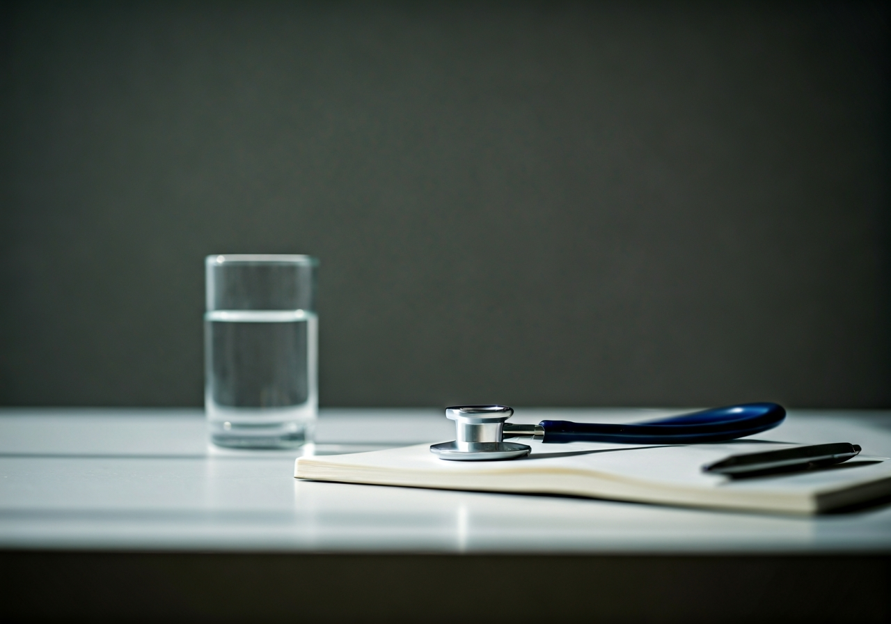 A professional clinical setting with a modern, clean desk, including a stethoscope, a notebook, and a glass of water, symbolizing medical support and recovery, editorial photography, soft natural light, 85mm lens, high resolution, no text, no letters