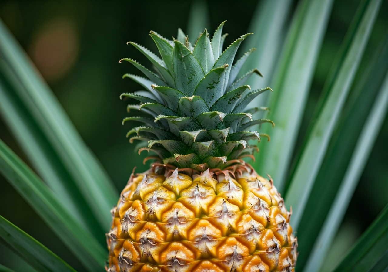 A detailed macro shot of a fresh Ananas comosus fruit with its textured skin and vibrant green crown, set against a blurred lush tropical foliage background, soft natural sunlight, professional editorial style, 85mm lens, high resolution, no text, no letters