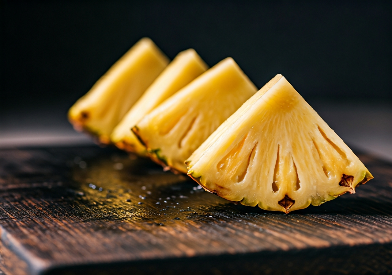 A macro editorial shot of fresh pineapple slices on a dark rustic wooden cutting board, enzymatic texture visible, drops of juice, soft natural morning light, shallow depth of field, 85mm lens, premium culinary photography style, no text, no words.