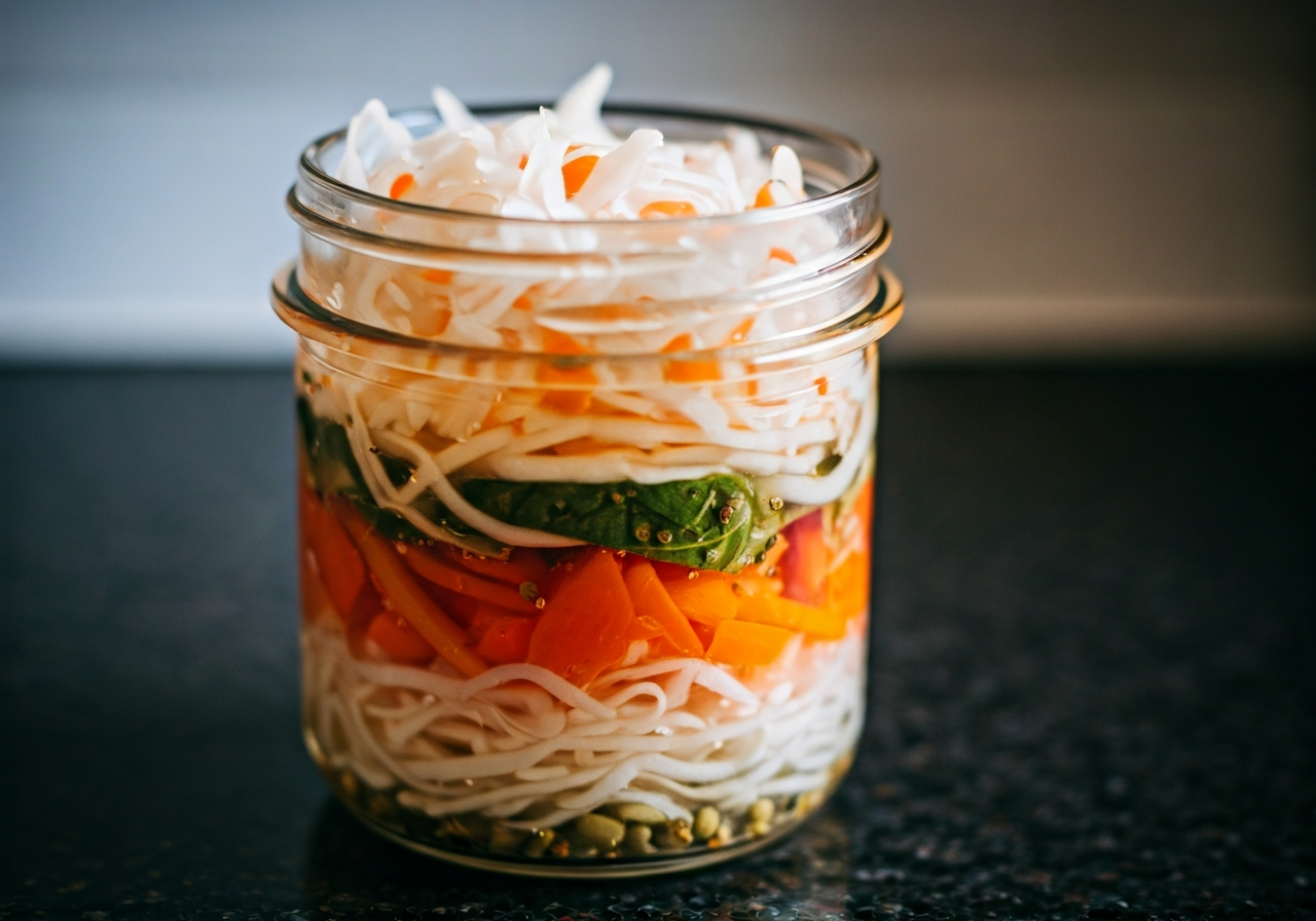 A macro close-up of colorful fermented vegetables in a glass jar, bubbles visible, vibrant textures, modern kitchen countertop, clean aesthetic, soft natural light, 85mm lens, highly detailed, no text, no words, no letters.