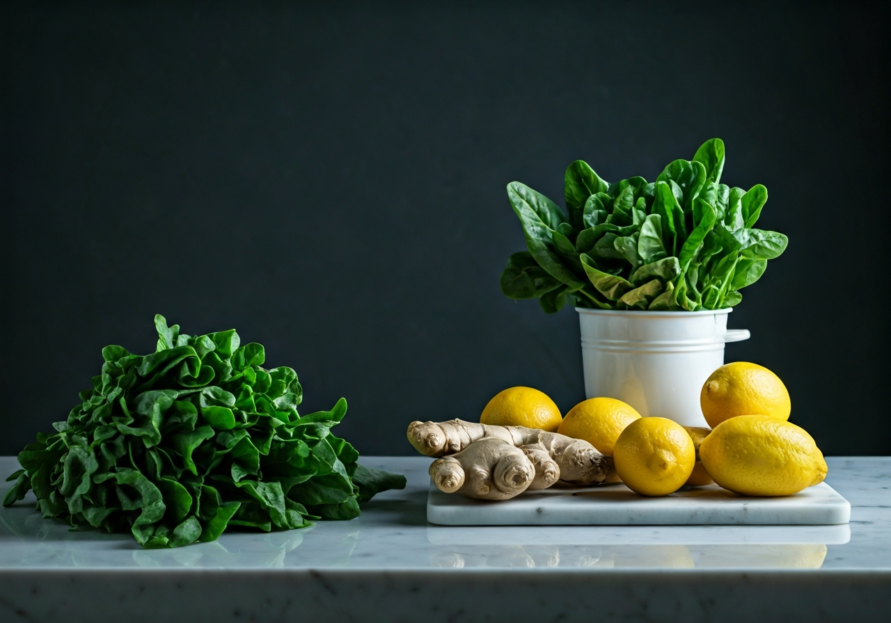 A clean, modern kitchen workspace with fresh organic greens, lemons, and ginger roots displayed on a marble countertop, professional editorial photography, soft natural light, shallow depth of field, 85mm lens, highly detailed, no text, no letters