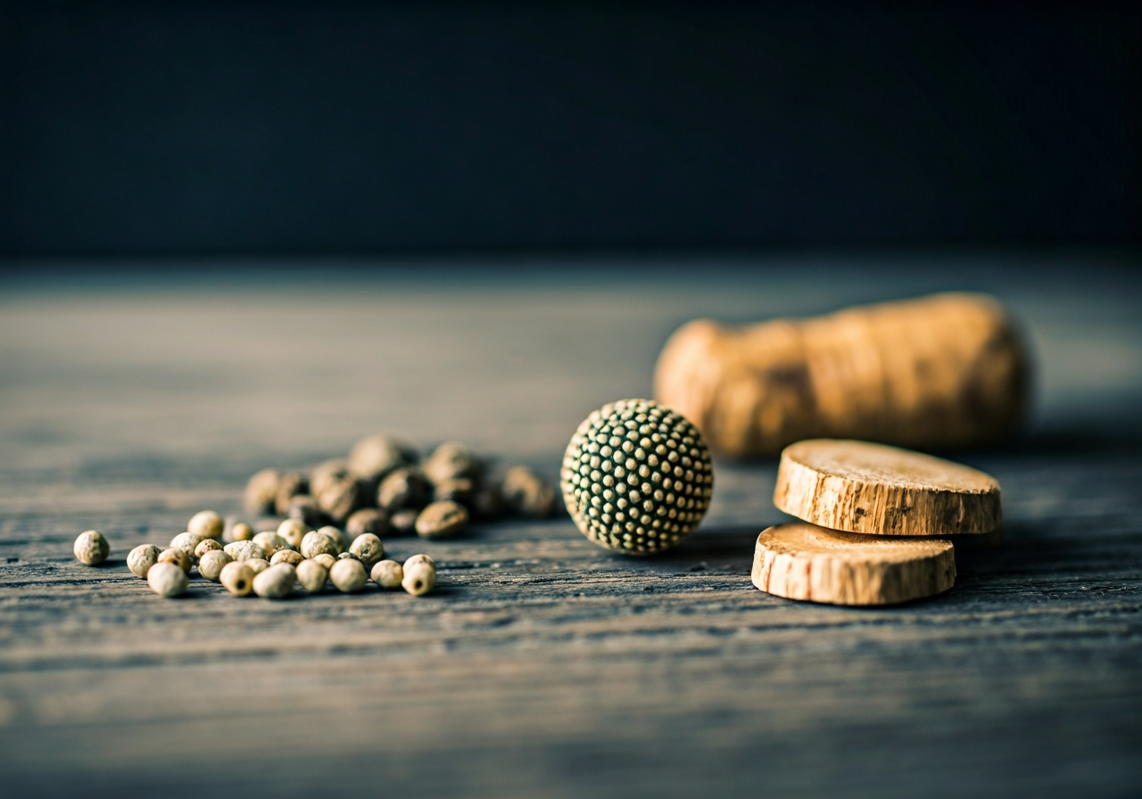 A macro editorial shot of herbal tea ingredients including milk thistle seeds, dandelion roots, and burdock root on a rustic wooden table, soft natural light, shallow depth of field, 85mm lens, premium wellness aesthetic, no text, no letters