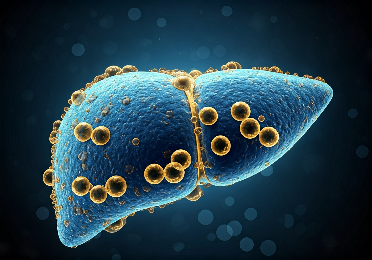 A microscopic artistic visualization of hepatic cellular detoxification, sleek modern scientific laboratory background, blue and gold hues, editorial macro photography style, cinematic lighting, 85mm lens, highly detailed, no text, no words, no letters.