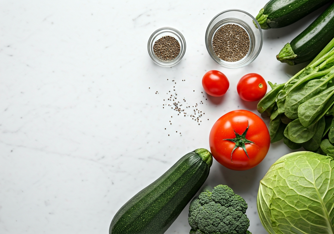 A flat lay of vibrant organic vegetables, chia seeds, and a glass of water on a minimalist marble kitchen counter, clean aesthetic, soft natural light, 85mm lens, high resolution, no text, no letters