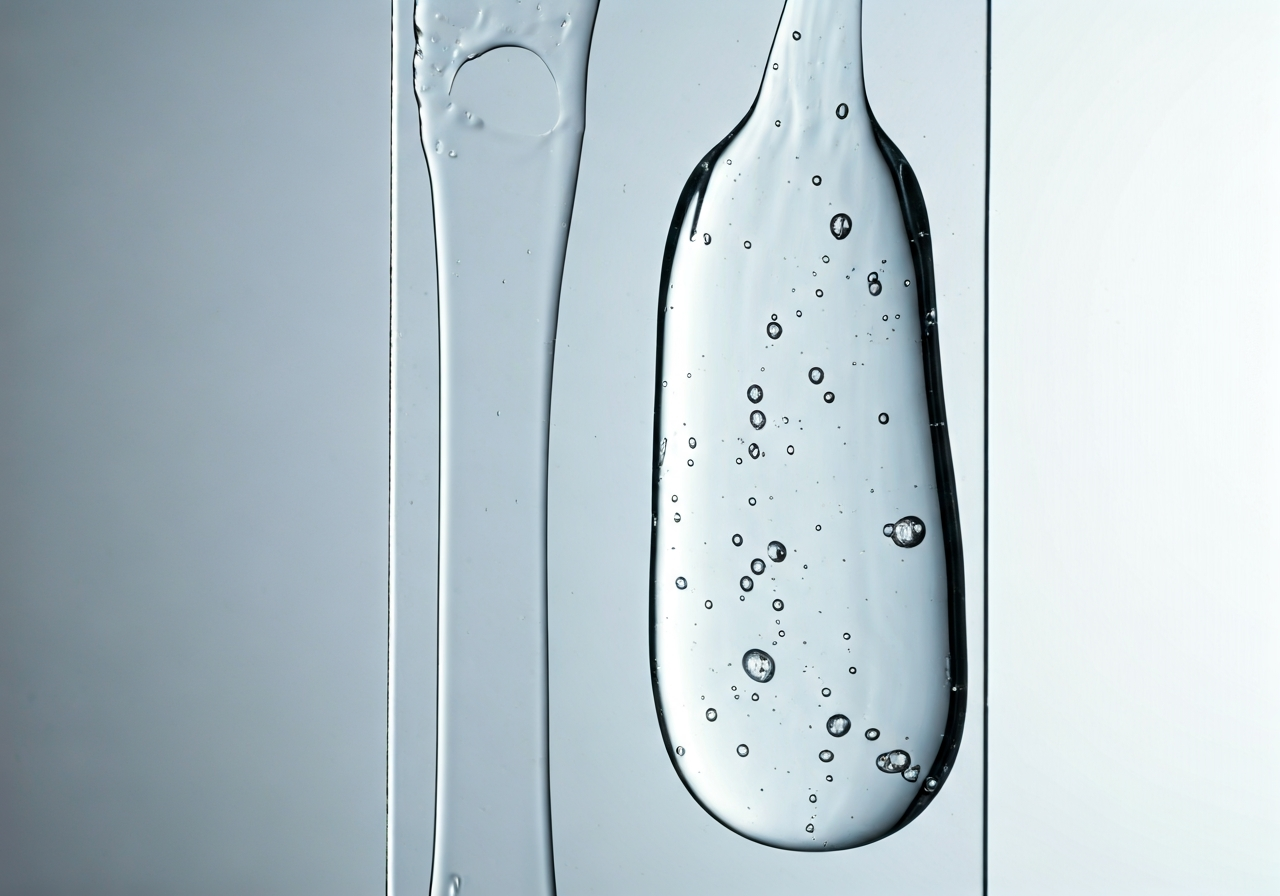 Cyclopentasiloxane: Je to bezpečné? (Pravda) 2 A macro photography shot of two distinct clear liquid textures side by side on a glass surface, one thin and fluid, one thick and gel-like, clinical setting, minimalist white background, soft diffused natural light, 85mm lens, highly detailed, premium aesthetic, no text, no words, no letters.