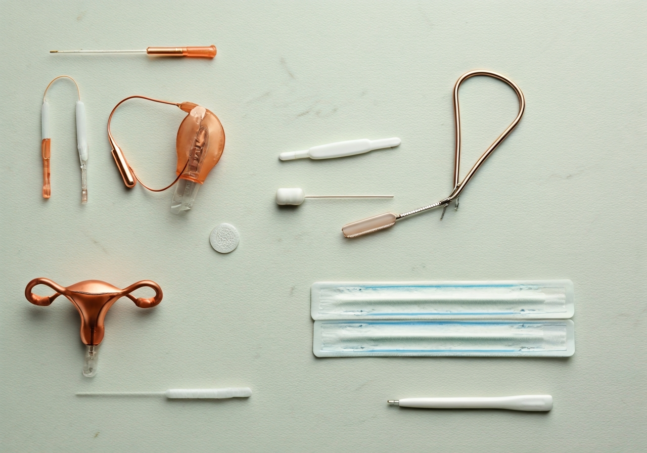 Flat lay of various non-hormonal contraception tools including copper intrauterine devices and modern barrier methods on a clean, soft-toned marble surface, minimalist aesthetic, editorial photography, soft natural light, 85mm lens, highly detailed, no text, no words, no letters