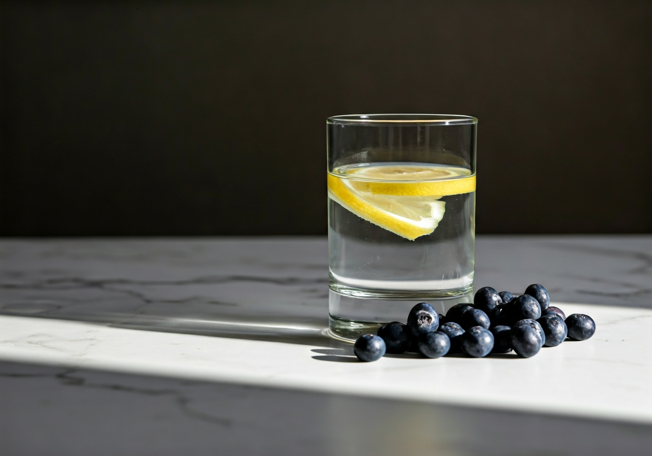 Jednodenní detox: Opravdu funguje? (Upřímný test) 3 A minimalist still life showing a glass of water with lemon slices and a handful of fresh blueberries on a light marble surface, modern kitchen background, soft natural sunlight, editorial style, 85mm lens, high quality, no text, no letters