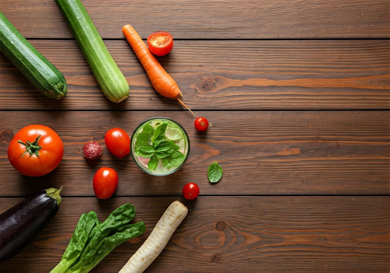 A flat lay of vibrant raw organic vegetables, superfoods, and a glass of infused water on a clean wooden table, editorial photography, soft natural light, minimalist aesthetic, 85mm lens, no text, no letters