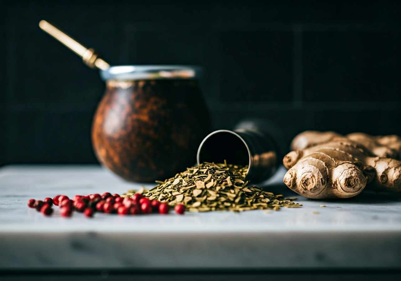 Editorial photography, close-up of organic yerba mate leaves, fresh ginger root, and pink peppercorns on a marble kitchen surface, minimalist aesthetic, soft natural light, 85mm lens, high resolution, no text, no words, no letters