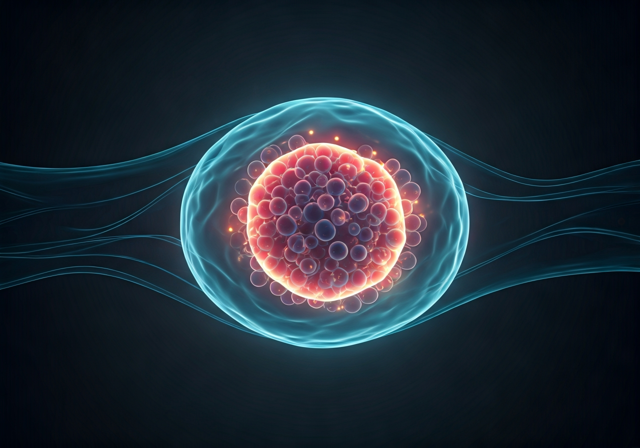Artistic representation of cellular renewal and biological pathways, glowing microscopic structures inside a human cell, modern, clean, premium aesthetic, soft bokeh, cinematic lighting, 85mm lens, no text, no letters