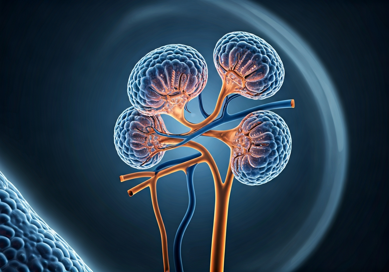 A microscopic view of a nephron structure within the human kidney, clean and clinical aesthetic, high-tech biological visualization, soft blue and golden lighting, 85mm lens, depth of field, no text, no words, no letters