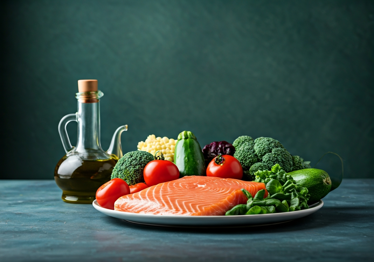 A balanced mediterranean-style plate with fresh vegetables, olive oil, and high-quality lean protein, clean modern kitchen background, editorial photography, soft natural light, 85mm lens, highly detailed, professional nutrition concept, no text, no letters