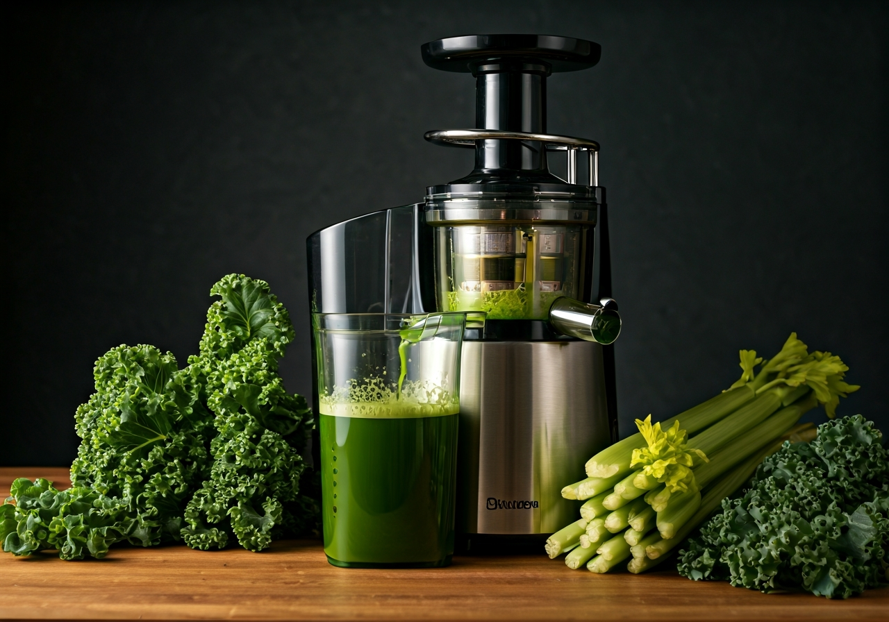 Detox se šťávami: Funguje to, nebo jsou to vyhozené peníze? 2 A professional cold-press juicer extracting vibrant green juice from kale and celery, modern minimalist kitchen background, soft natural morning sunlight, 85mm lens, high-end editorial photography, no text, no letters, shallow depth of field