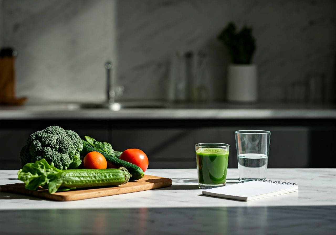 Detox se šťávami: Funguje to, nebo jsou to vyhozené peníze? 3 A professional nutritionist's workspace with a glass of vibrant green vegetable juice, organic raw vegetables, a notebook, and a glass of water on a minimalist marble kitchen island, bright airy atmosphere, soft natural morning light, cinematic editorial style, 85mm lens, high resolution, no text, no letters.