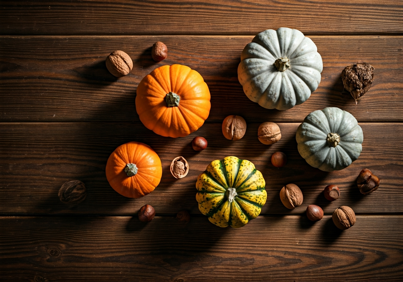 A flat lay of seasonal autumn harvest, including pumpkins, nuts, and organic roots, minimalist wooden background, soft golden hour sunlight, editorial food photography, 85mm lens, high resolution, no text, no letters