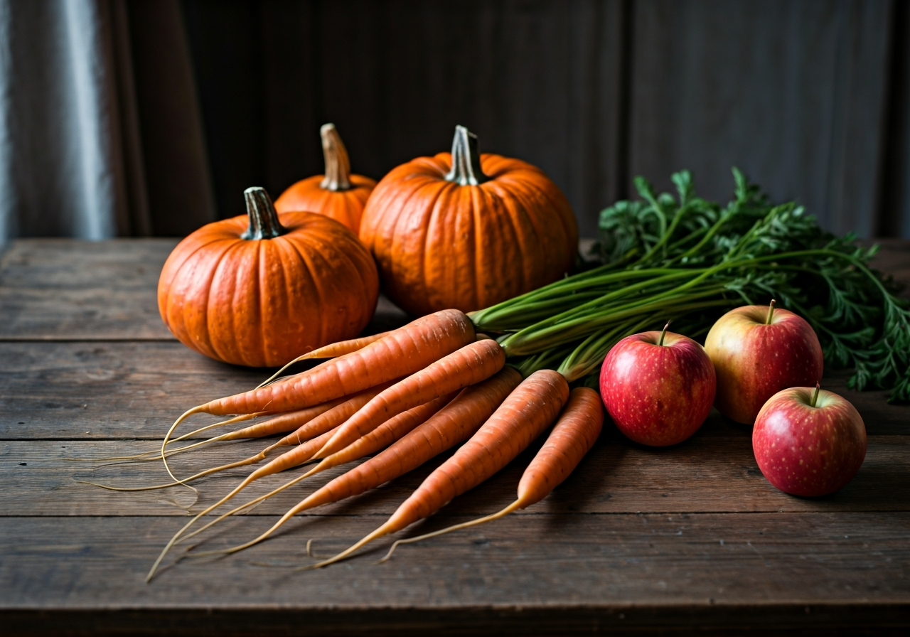 A rustic wooden table filled with seasonal autumn harvest, including heirloom carrots, roasted pumpkins, and crisp red apples, soft natural sunlight streaming through a window, editorial food photography, 85mm lens, high quality, no text, no letters.
