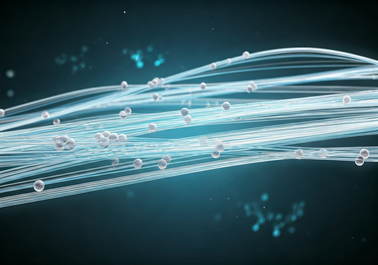 A microscopic view of collagen fibers structure in a scientific laboratory setting, clean aesthetic, glowing molecular connections, soft blue and white ambient light, professional cinematography, high resolution, no text, no words, no letters