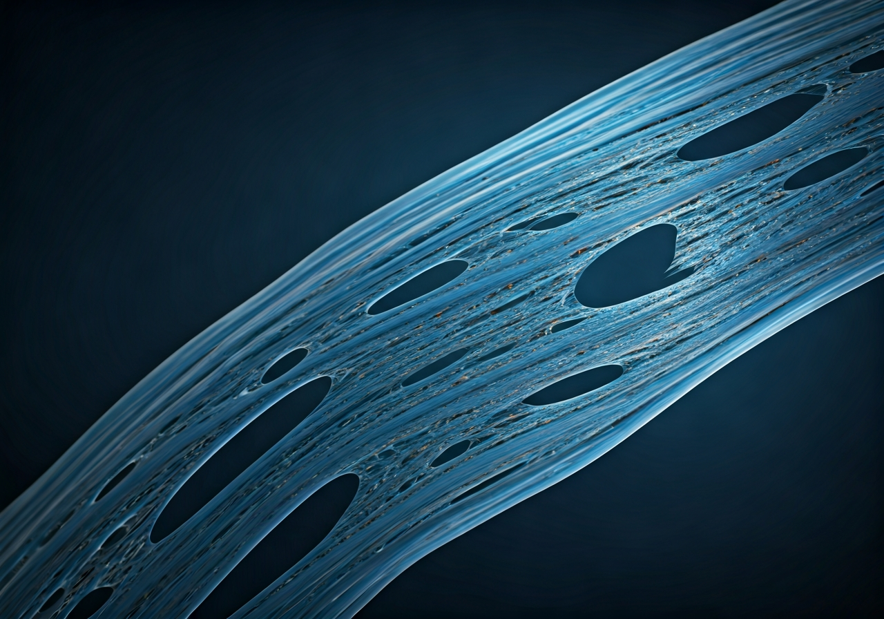 A professional medical illustration or clinical study photography depicting the structural fragility of human tissue fibers, clean laboratory background, macro shot of molecular biology, soft natural lighting, high contrast, editorial aesthetic, 85mm lens, no text, no words, no letters.